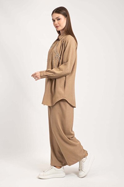 Hatun Atila Women's Pearl and Stone Embroidered Double Suit 8759 - Mink