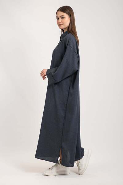 Hatun Atila Shirt Collar Double Buttoned Skirt Mini Slit Linen Dress 7945 - Navy Blue