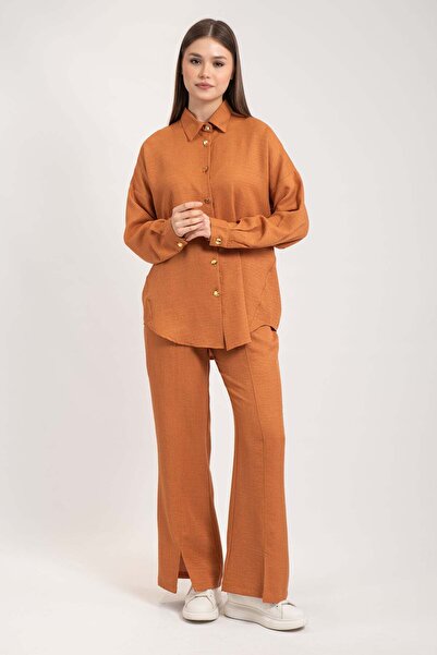 Hatun Atila Women's Gold Buttoned Leg Slit Double Suit 8758 - Orange