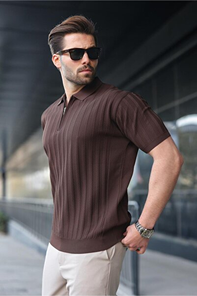 Madmext Ανδρικό πλεκτό μπλουζάκι με μισό φερμουάρ και λαιμόκοψη E7458