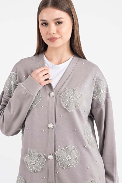 Hatun Atila Tulle Flower and Pearl Detailed Cardigan Set 7926 - Gray