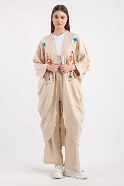 Hatun Atila Women's Oversized Hand Embroidered Ethnic Stone and Sequin Embroidered Kimono Set Ecru - 5150