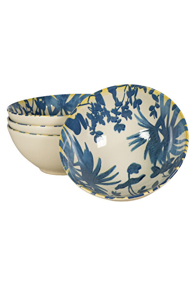 Cesiro Set of 4 bowls, 600 ml, Hawaii, Light cream with blue leaves