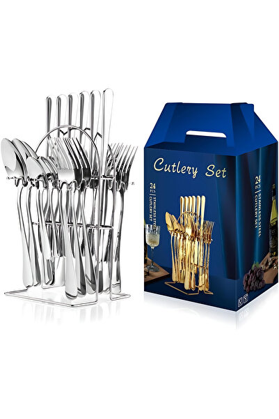 Generic 24-Piece Stainless Steel Flatware Set with Stand (Silver, Mirror Polished)