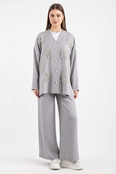 Hatun Atila Women's Tulle Floral Stone Detailed Two Piece Set 8747 - Gray