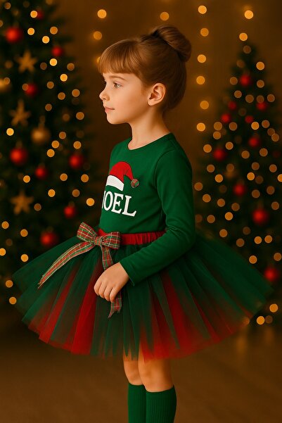 MadyaButik Crăciun, petrecere de Anul Nou, fete, copii, strat de jos roșu - strat de sus verde, fustă tutu cu detaliu de fundă, costum