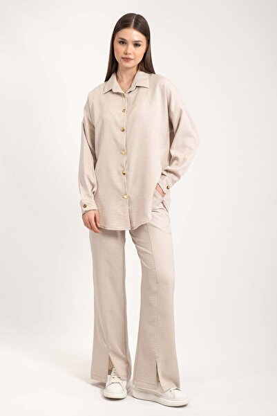 Hatun Atila Women's Gold Buttoned Leg Slit Double Suit 8758 - Beige
