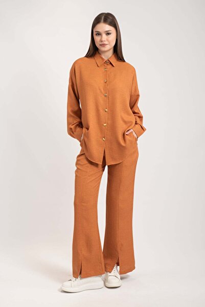 Hatun Atila Women's Gold Buttoned Leg Slit Double Suit 8758 - Orange