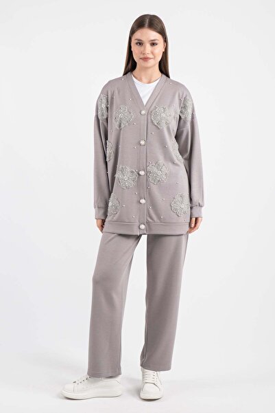 Hatun Atila Tulle Flower and Pearl Detailed Cardigan Set 7926 - Gray