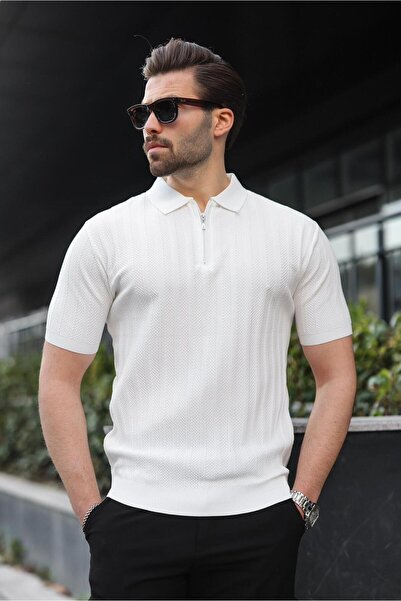 Madmext Λευκό ανδρικό πλεκτό μπλουζάκι με μισό φερμουάρ E7458