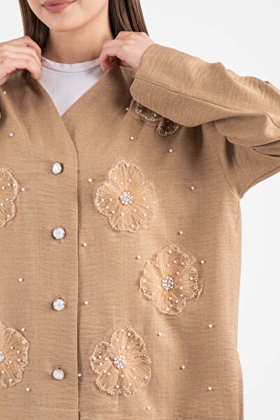 Hatun Atila Women's Tulle Floral Stone Detailed Two-Piece Set 8747 - Mink