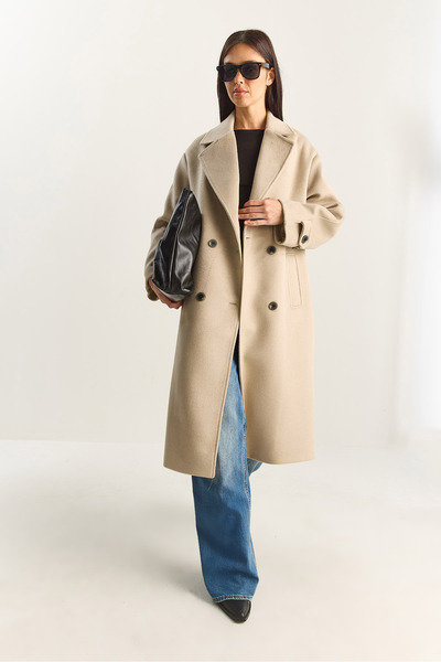 Bianco Lucci Γυναικείο παλτό διπλό πέτο με γιακά με επένδυση oversized μακρύ κασετένιο παλτό 3509 60283849