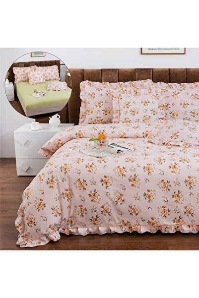 CHIRASO Ruffled Bedding Set, ELASTIC Sheet 180x200cm, Duvet Cover 200x230, 4 Pillowcases 52x75
