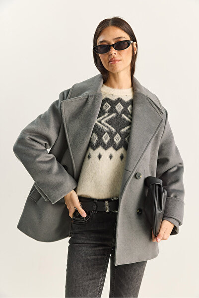 Bianco Lucci Women's Double-Breasted Collar Lined Short Oversized Cashmere Coat 3508 60283850