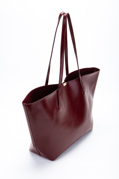 minebag Faux Leather Stand Handle Bag with Metal Accessories Claret Red