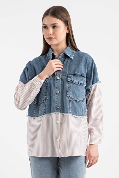 Hatun Atila Women's Top Jeans Paneled Shirt 8755 - Beige