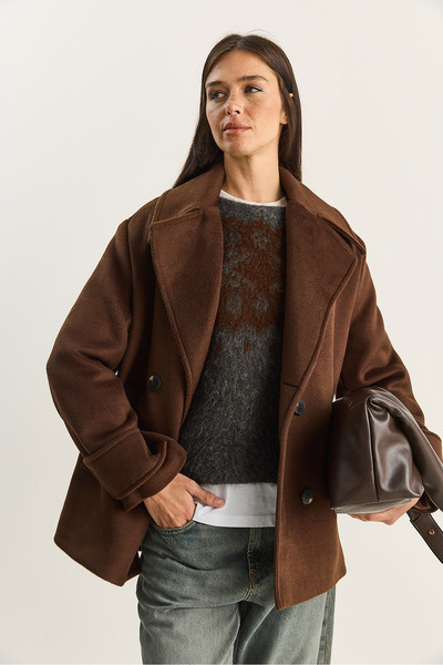 Bianco Lucci Γυναικείο παλτό διπλό πέτο με γιακά και επένδυση κοντό oversized καστανό 3508 60283850