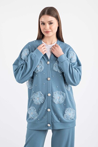 Hatun Atila Tulle Flower and Pearl Detailed Cardigan Set 7926 - Blue