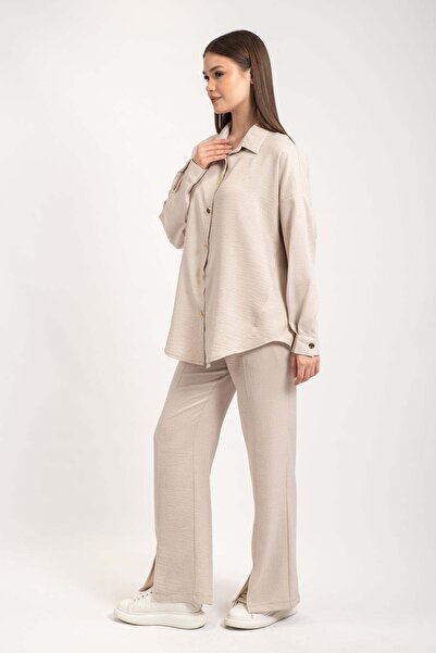 Hatun Atila Women's Gold Buttoned Leg Slit Double Suit 8758 - Beige