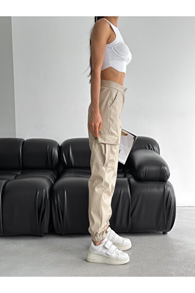 Gugus KADIN KARGO CEPLİ PAÇA LASTİKLİ DERİ ПАНТАЛОНИ