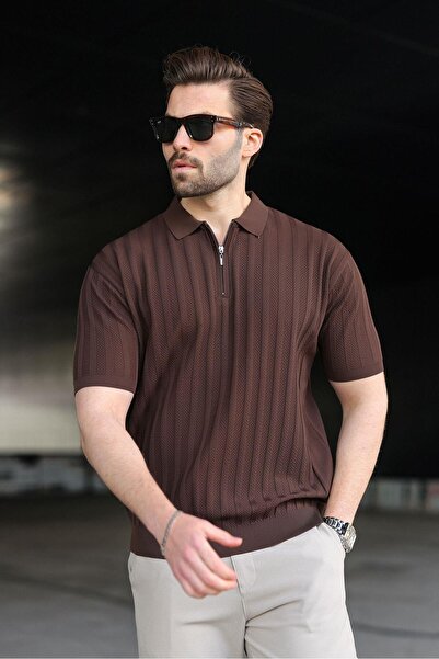 Madmext Ανδρικό πλεκτό μπλουζάκι με μισό φερμουάρ και λαιμόκοψη E7458