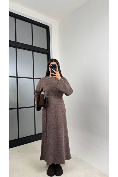 Gaus Kahve Kuşaklı Uzun Triko Elbise GAUS-00802