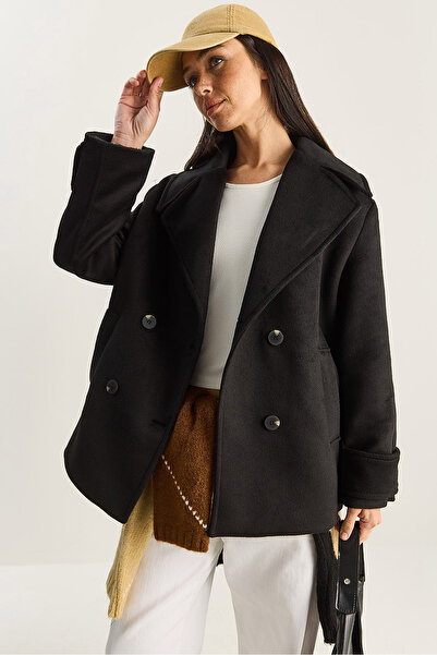 Bianco Lucci Women's Double-Breasted Collar Lined Short Oversized Cashmere Coat 3508 60283850