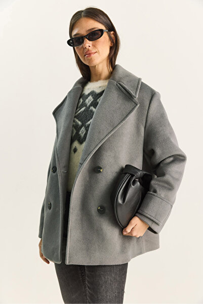 Bianco Lucci Women's Double-Breasted Collar Lined Short Oversized Cashmere Coat 3508 60283850