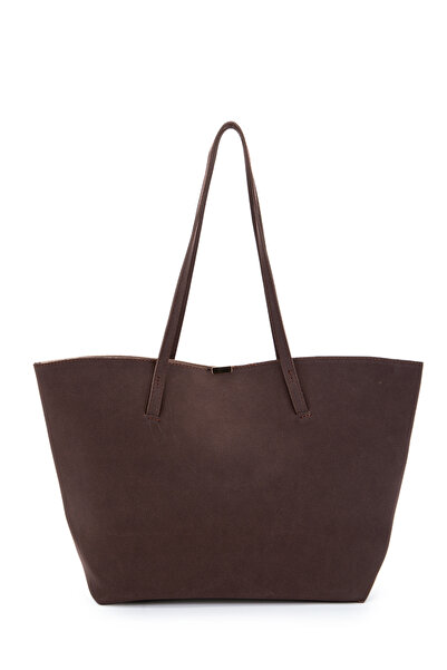 minebag Suede Stand-Up Handle Bag with Metal Accessories Brown