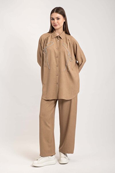 Hatun Atila Women's Pearl and Stone Embroidered Double Suit 8759 - Mink