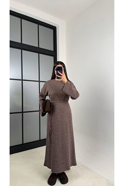 Gaus Kahve Kuşaklı Uzun Triko Elbise GAUS-00802
