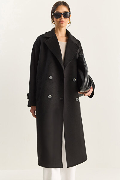 Bianco Lucci Women's Double-Breasted Collar Lined Oversized Long Cashmere Coat 3509 60283849