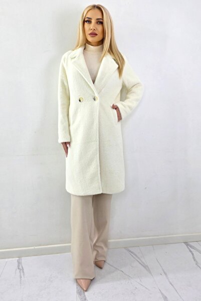 FashionForYou Palton texturat SELVYA din pluș, cu nasturi și revere, alb unt