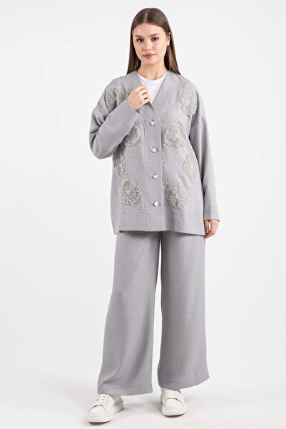 Hatun Atila Women's Tulle Floral Stone Detailed Two Piece Set 8747 - Gray