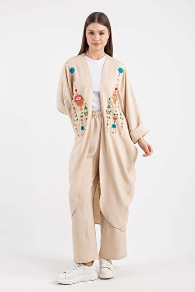 Hatun Atila Women's Oversized Hand Embroidered Ethnic Stone and Sequin Embroidered Kimono Set Ecru - 5150