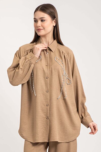 Hatun Atila Women's Pearl and Stone Embroidered Double Suit 8759 - Mink