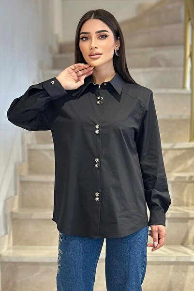 FEVER Minimal broş çıtçıtlı siyah poplin gömlek