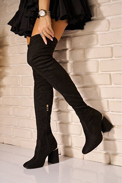 Joana Cizme cu toc din piele întoarsă neagră Elissa