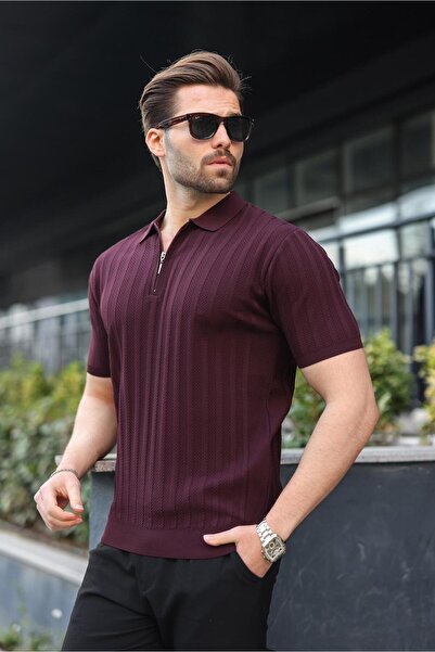 Madmext Claret Red Half Zip Polo Neck Men's Knitwear T-Shirt E7458
