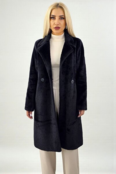 FashionForYou SELVYA textured plush coat, with buttons and lapels, Black