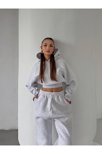 OYKUWEAR OW Parmak Geçmeli Kapüşonlu Crop Karmelanj Sweatshirt