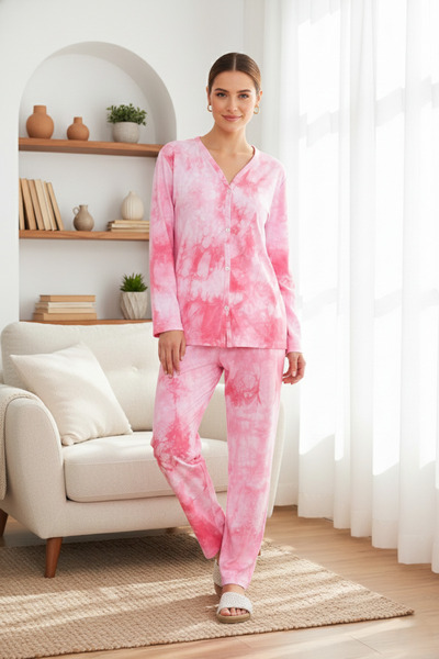 CrazyShopping Women's V-Neck Tie-Dye Print Button Front Long Sleeve Pajama Set