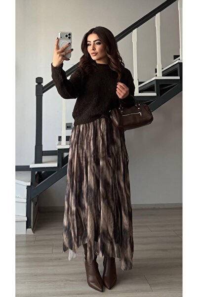 Oslove Coffee-cream lined asymmetric skirt with elastic waist