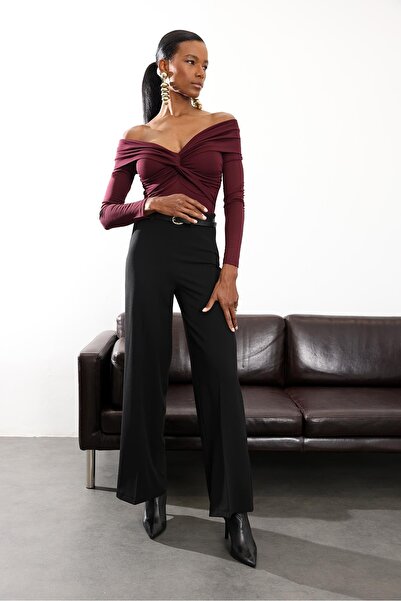 5in1Canpolat Black Belted Stretch Fabric Palazzo Pants 9150