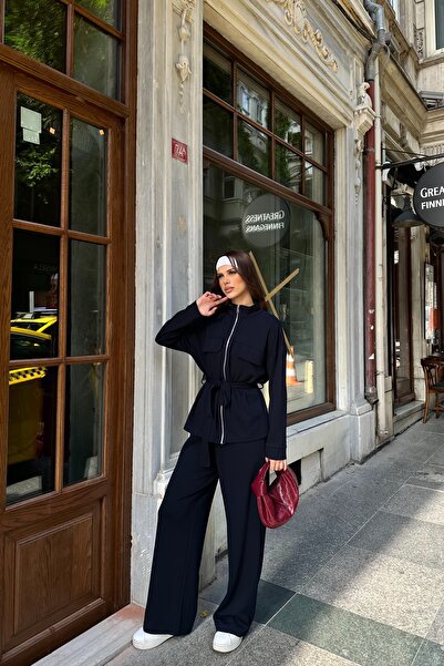 BEJNA Women's Belted Soft Modal Textured Top and Bottom Set