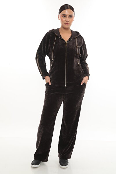 EXİTLİNE Women's Winter Accessorized Zippered Hooded Thick Corded Fabric Brown Velvet Tracksuit Set