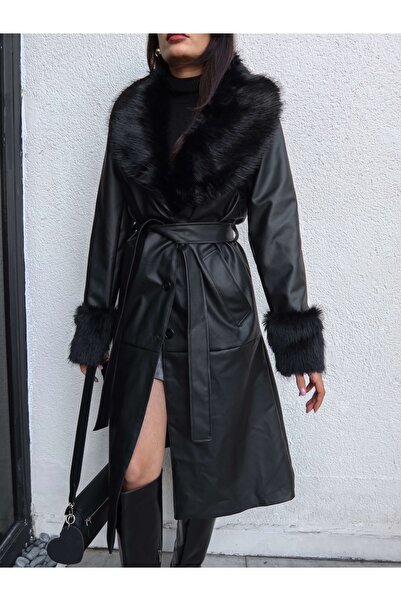 ESRAHELVACI Δερμάτινο μπουφάν με λεπτομέρεια από γούνα και ζώνη