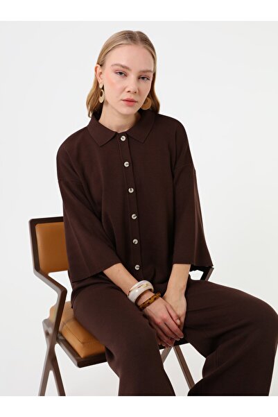 Refka Σετ πλεκτό με μαλακά κουμπιά και γιακά πόλο - Καφέ -