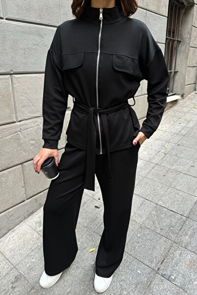 BEJNA Women's Belted Soft Modal Textured Top and Bottom Set