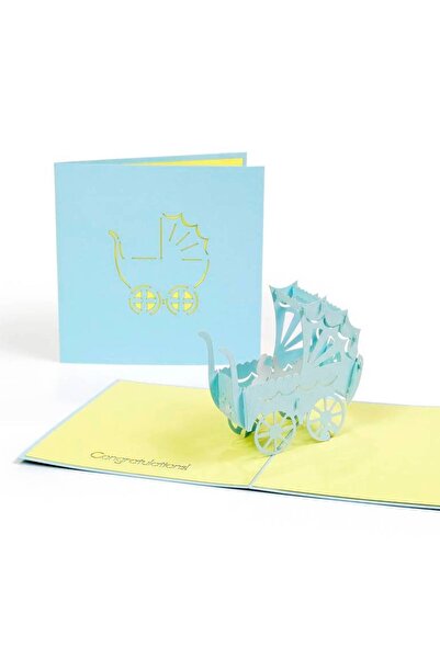 ruh بطاقة تهنئة بمولود ذكر حديث الولادة - عربة أطفال زرقاء ثلاثية الأبعاد